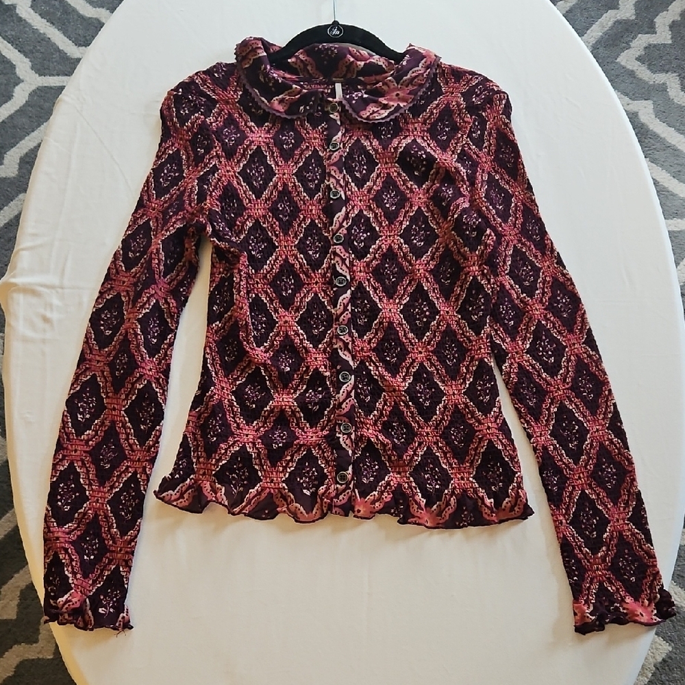 Free People Burgundy/Pink/Orange Diamond Button Down Shirt Size Medium